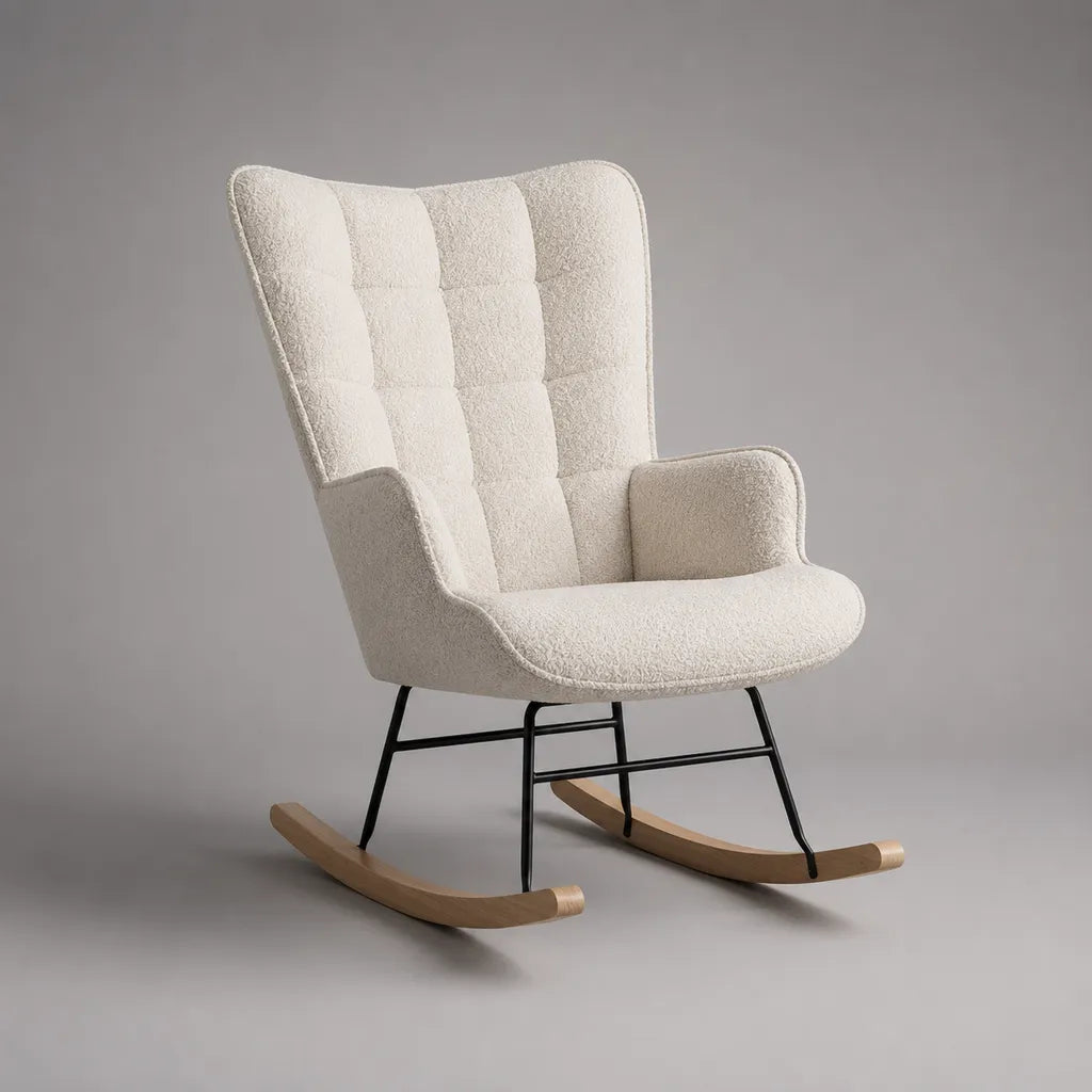 Schaukelstuhl-Hochlehner aus Bouclé-Polyester mit Stahlgestell und Massivholz-Kufen, Creme/Schwarz/Natur, 72 × 94 × 101 cm