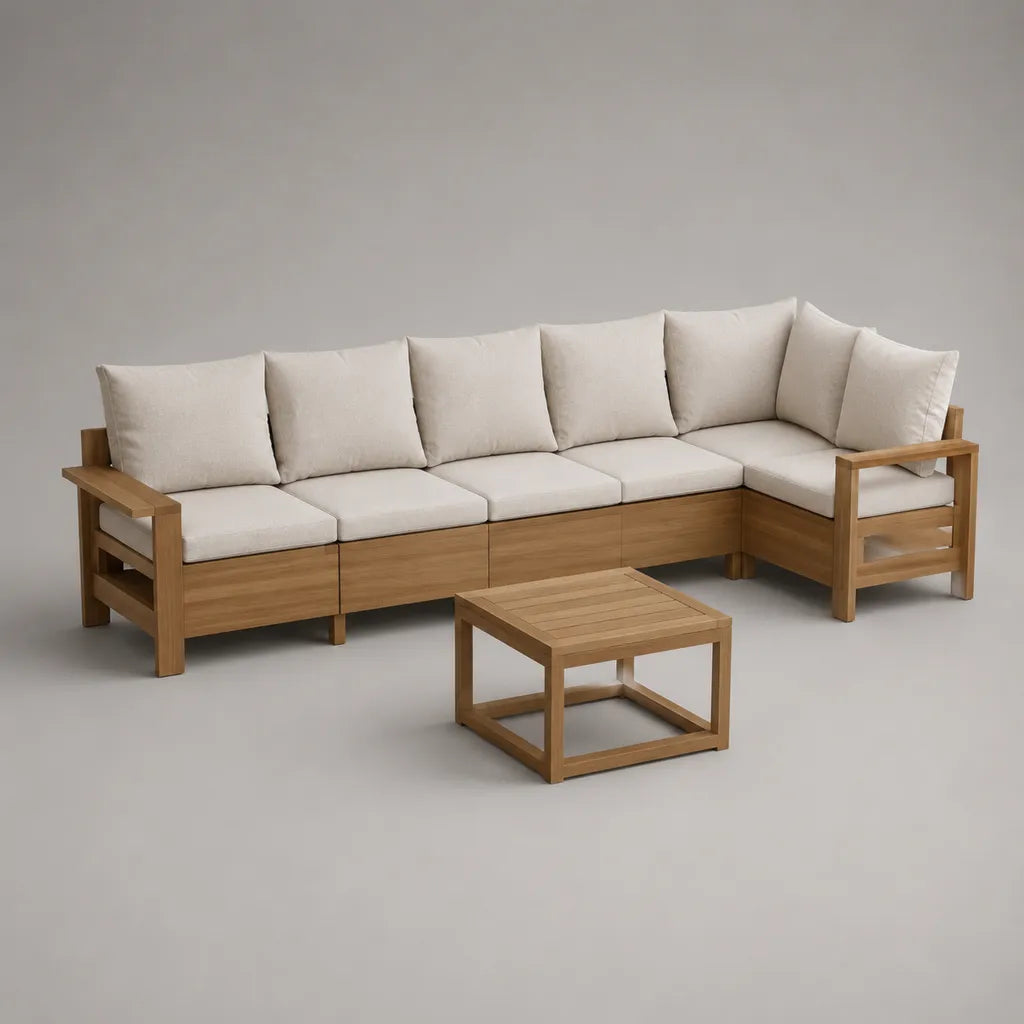 3-teiliges Gartensofa-Set aus massivem Holz mit Polyesterkissen, 5-Sitzer in L-Form, Beige/Naturbraun, 270 × 200 × 76 cm