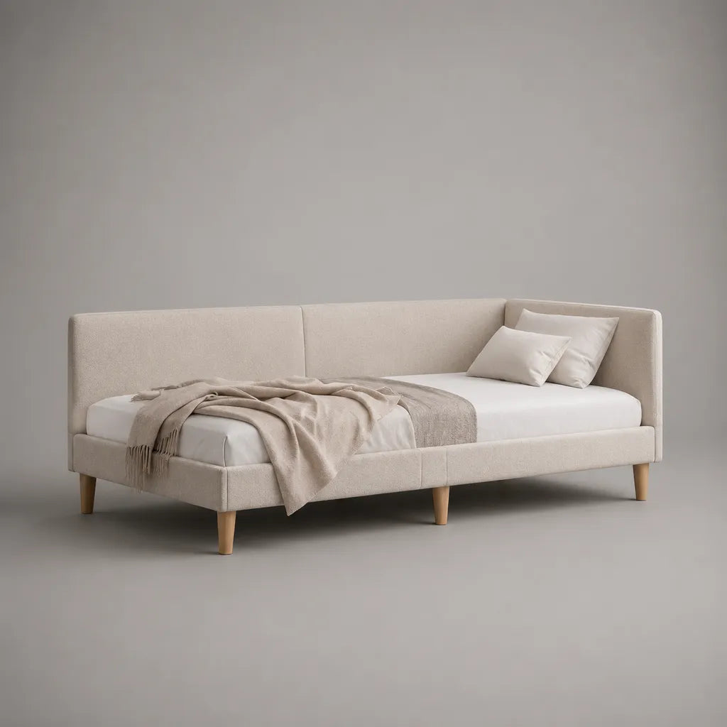 Polsterbett/Tagesbett 140 × 200 cm mit gepolsterter Rückenlehne, Seitenlehne und Holzfüßen, Beige