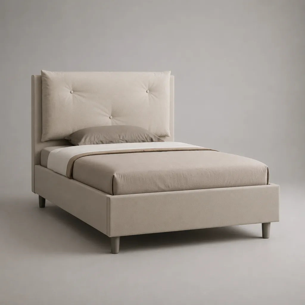 Polsterbett Einzelbett mit Polyesterbezug und Knopfheftung, Liegefläche 90 × 200 cm, Beige
