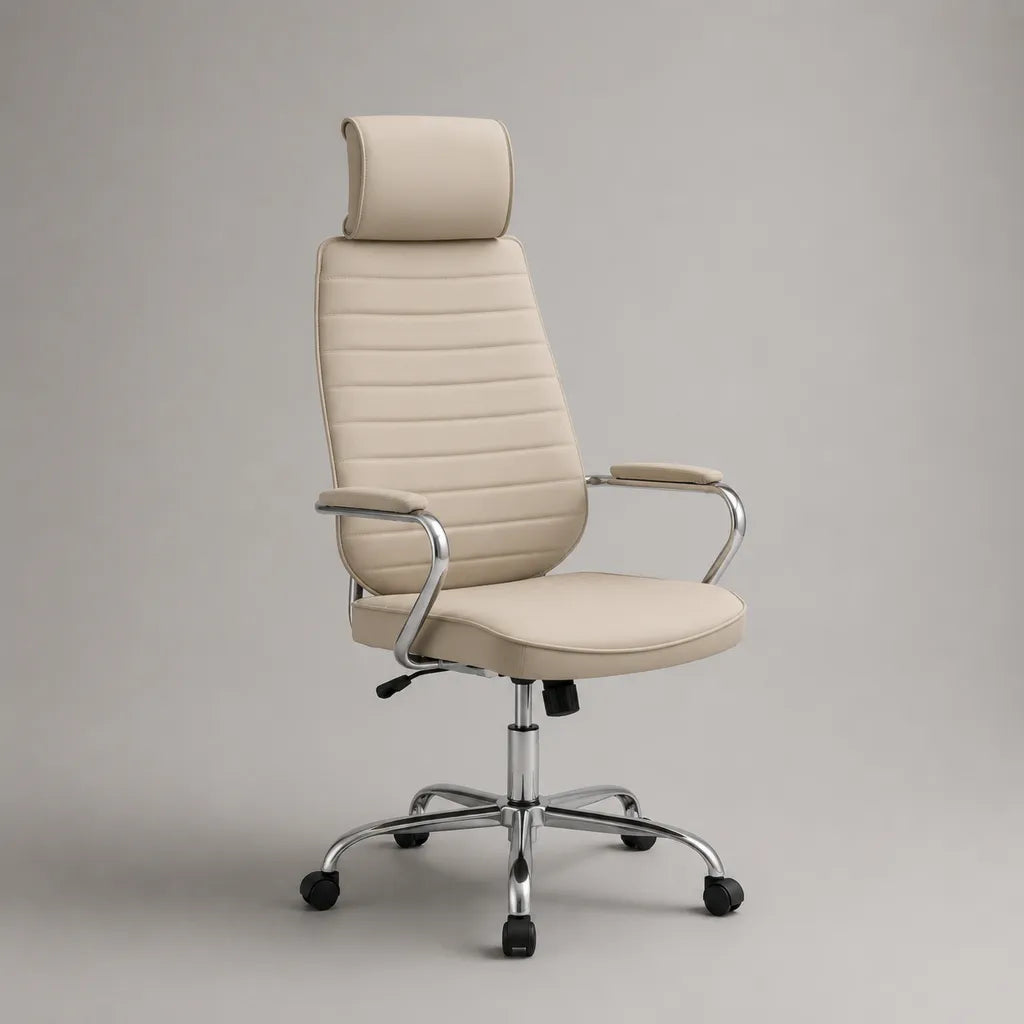Bürostuhl mit Kopfstütze aus PU-Kunstleder, höhenverstellbar und drehbar, Beige, 68 × 68 × 116–126 cm