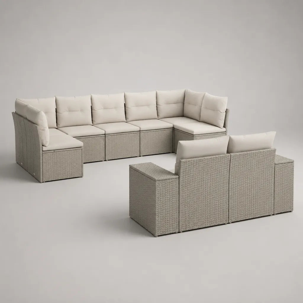 Gartensofa-Set, 8-Sitzer in U-Form aus PE-Rattan mit Stahlrahmen, Greige und Cremeweiß, 268 × 210 × 70 cm