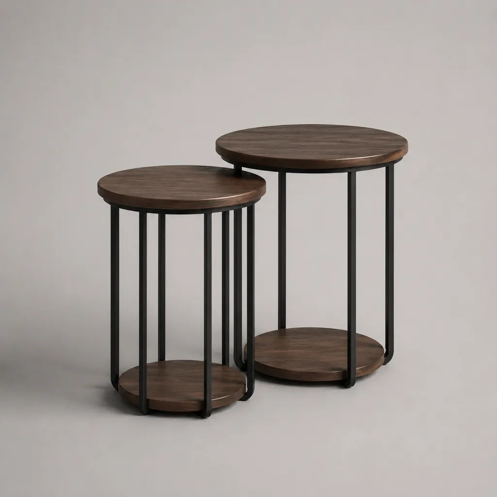 2-teiliges Couchtisch-Set, runde Satztische aus MDF und Stahl, Dunkelbraun/Schwarz, Ø 60 × H 60 cm und Ø 45 × H 50 cm