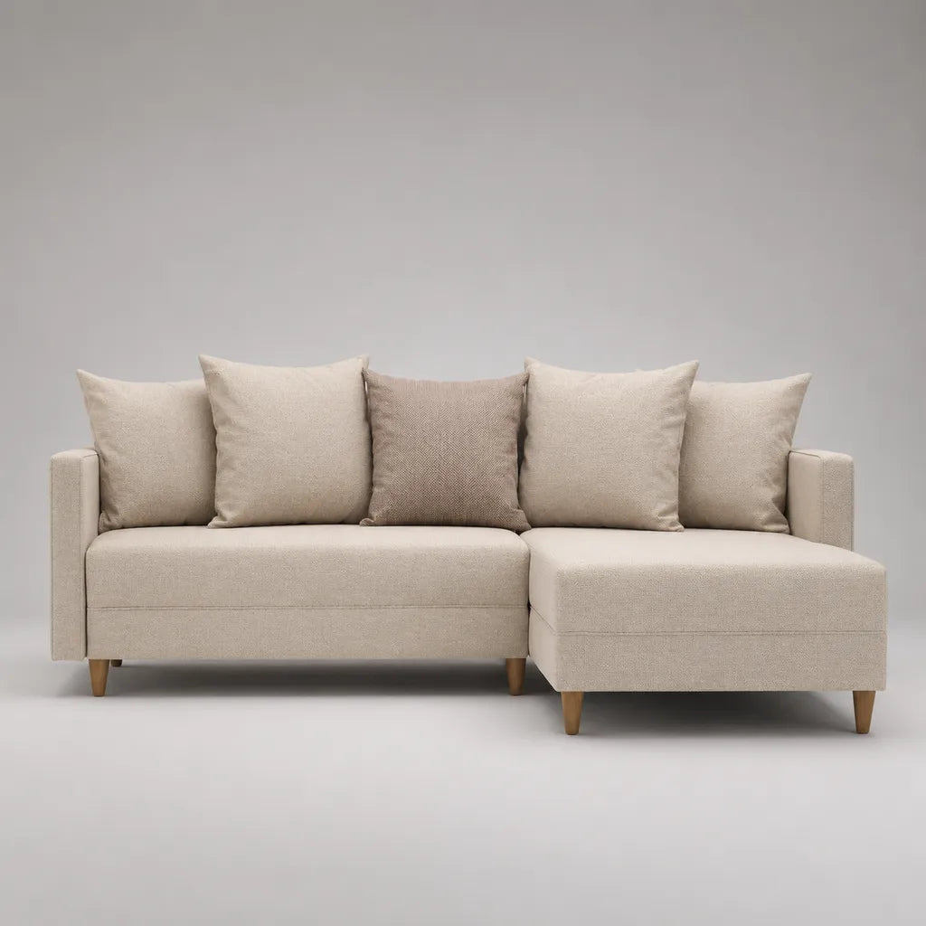 Ecksofa mit Recamiere rechts, 3-Sitzer mit Polyesterbezug, Beige, 220 × 145 × 85 cm