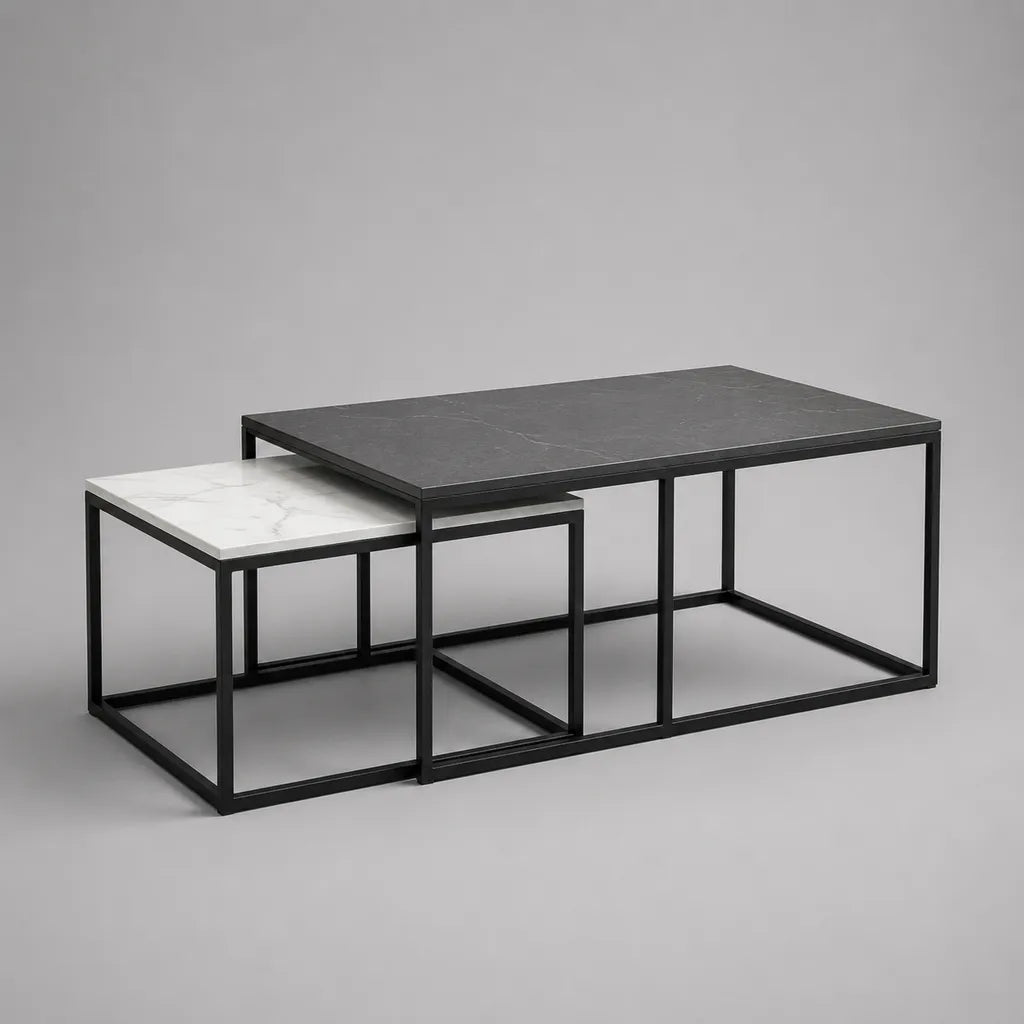 3-teiliges Couchtisch-Set aus MDF und Stahl, rechteckig, Schwarz/Weiß/Dunkelgrau, 1 Tisch 100 × 50 × 45 cm und 2 Tische je 45 × 45 × 38 cm