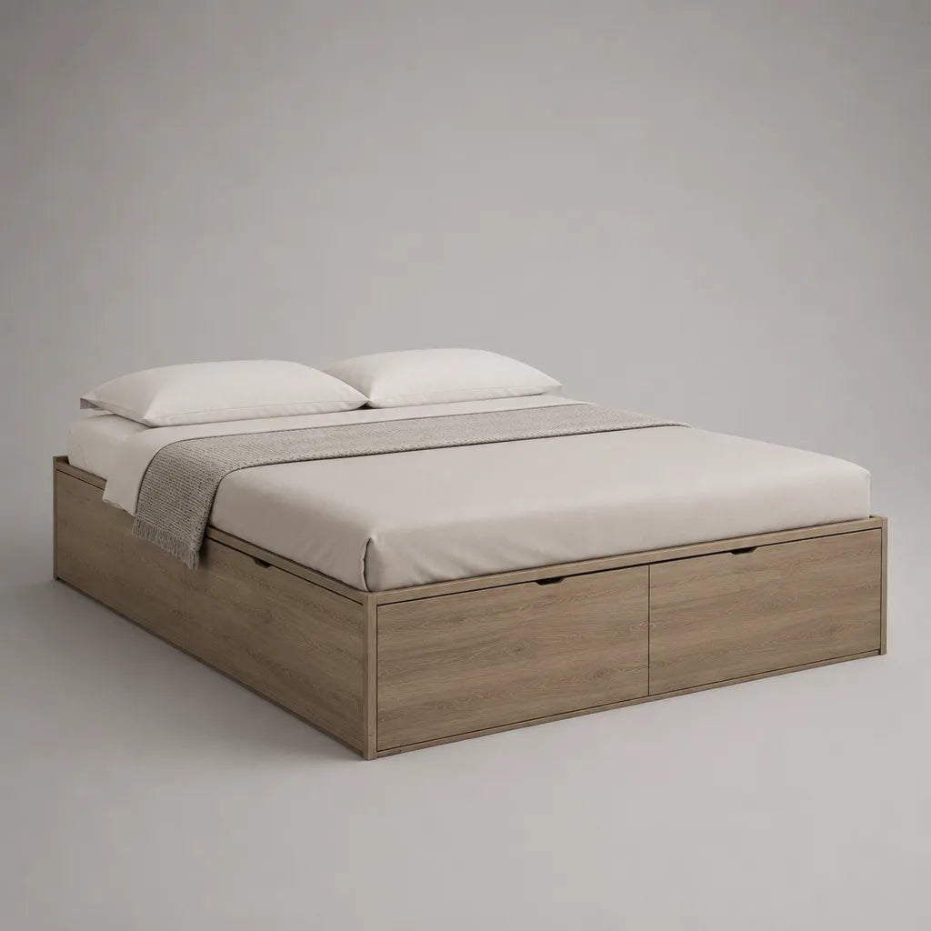 Stauraum-Doppelbett mit 4 Schubladen aus melaminbeschichteter Spanplatte, Eiche Natur, 166 x 206 x 40 cm, Liegefläche 160 x 200 cm