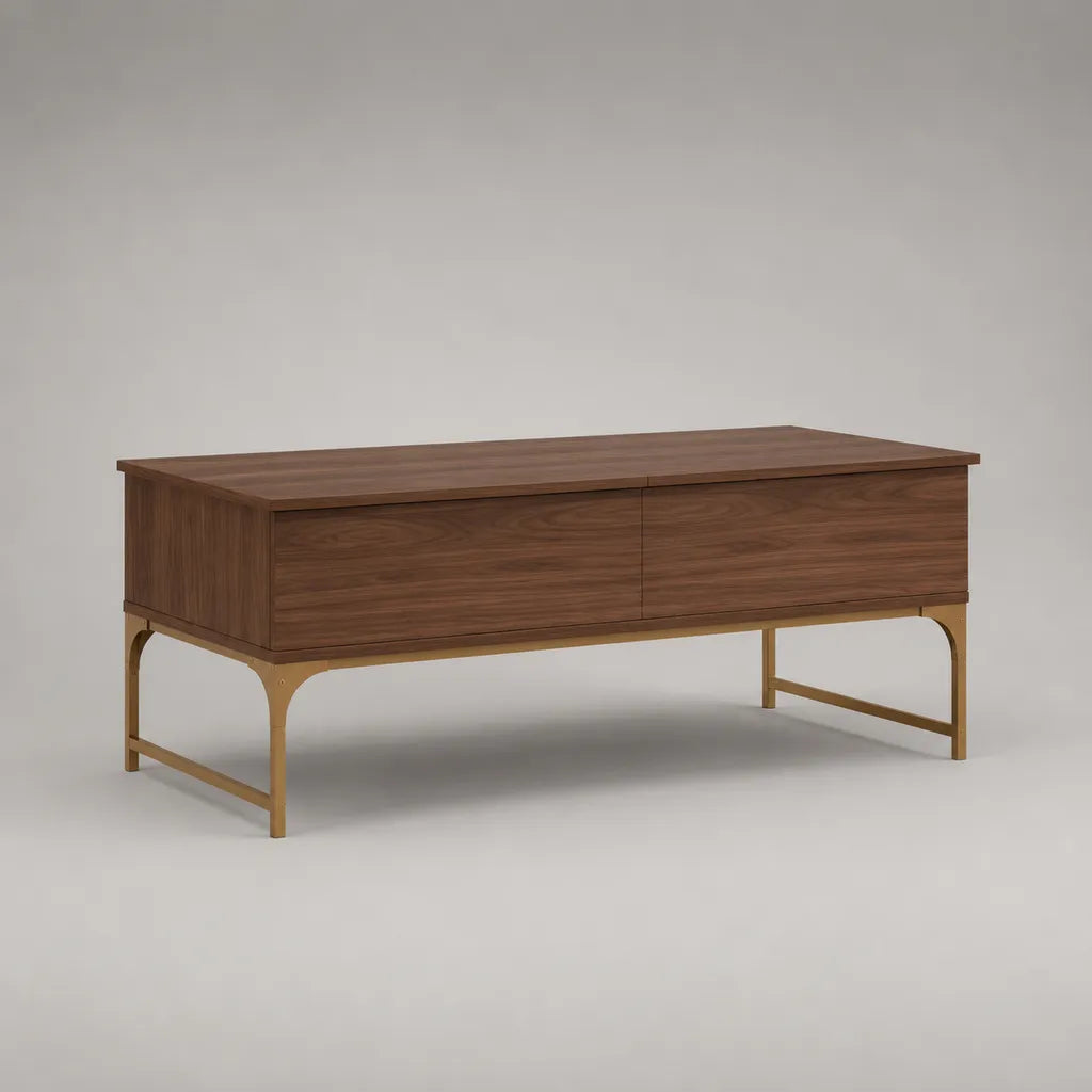 Rechteckiger Couchtisch mit 2 Schubladen aus MDF und Stahl, Walnussbraun/Goldfarben, 120 x 60 x 50 cm