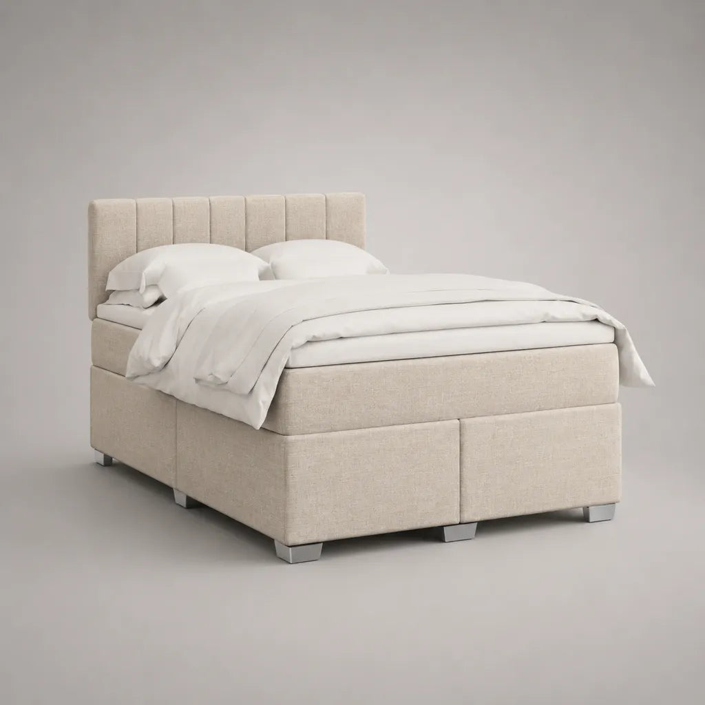 Boxspringbett 180 × 200 cm mit Taschenfederkernmatratze, Topper und Polyesterbezug, Beige/Silber