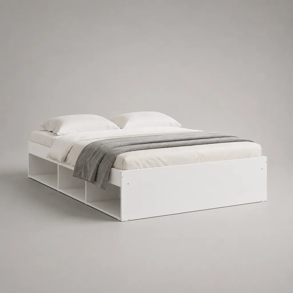 Doppelbett mit Stauraum 140 x 200 cm aus melaminharzbeschichteter Spanplatte, rechteckig, Weiß