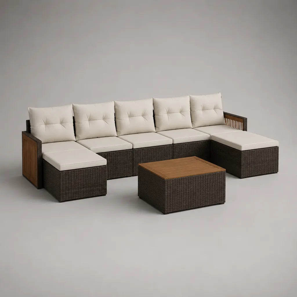 Gartensofa-Set 8-teilig aus PE-Rattan, Stahl und Akazienholz, U-förmig, Dunkelbraun/Creme, 309 × 126 × 76 cm