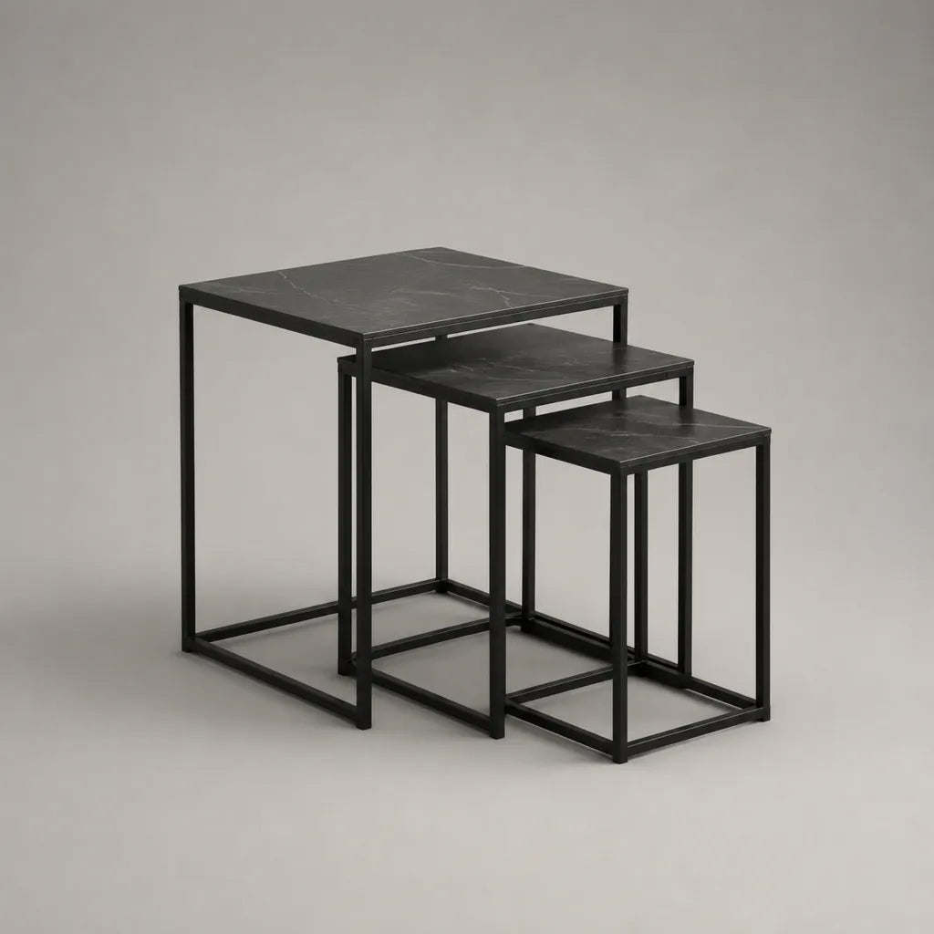 3-teiliges rechteckiges Satztisch-Set aus MDF und Stahl, ineinanderschiebbar, Schwarz/Grau, 50 × 40 × 55 cm, 40 × 35 × 48 cm und 30 × 30 × 41 cm