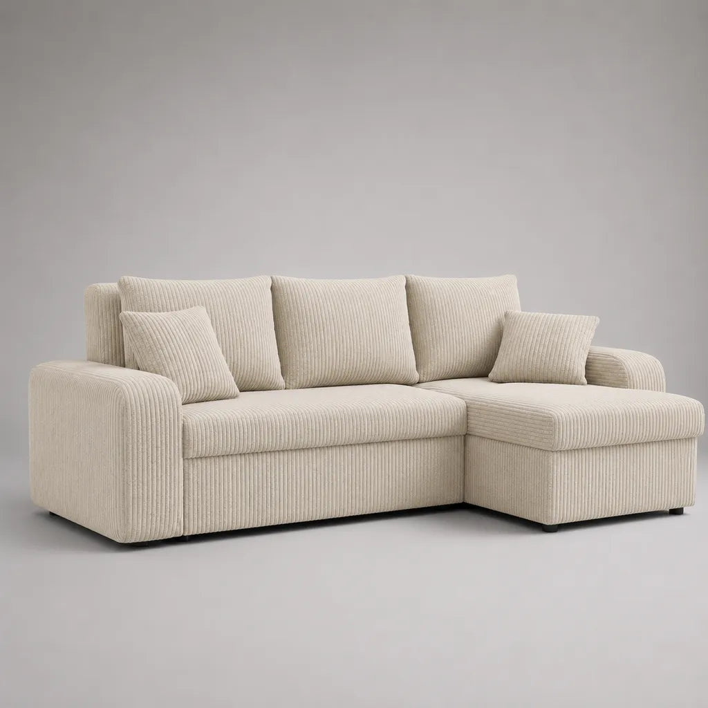 Ecksofa mit Recamiere rechts, Cordbezug, L-Form, Creme, 250 × 160 × 86 cm