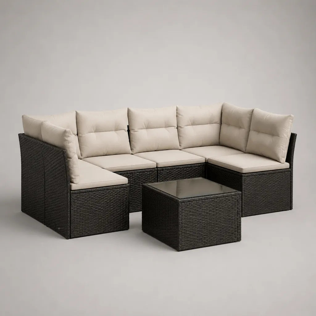 6-teiliges Gartensofa-Set aus PE-Rattan mit 5 Sitzplätzen und Glastisch, U-Form, Schwarz/Beige, 245 × 185 × 73 cm