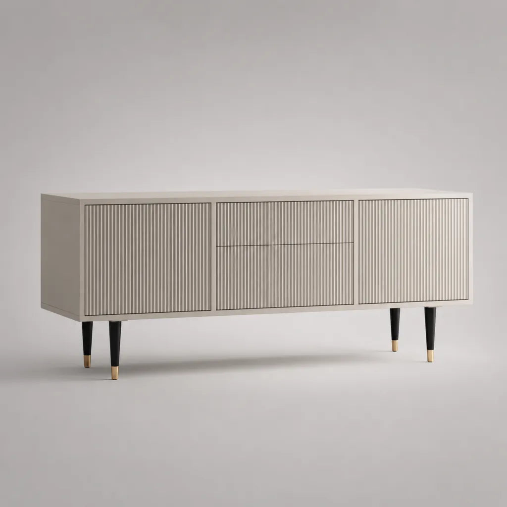 TV-Lowboard aus MDF mit 2 Türen und 2 Schubladen, geriffelte Fronten, Beige, Schwarz und Goldfarben, 160 × 40 × 70 cm
