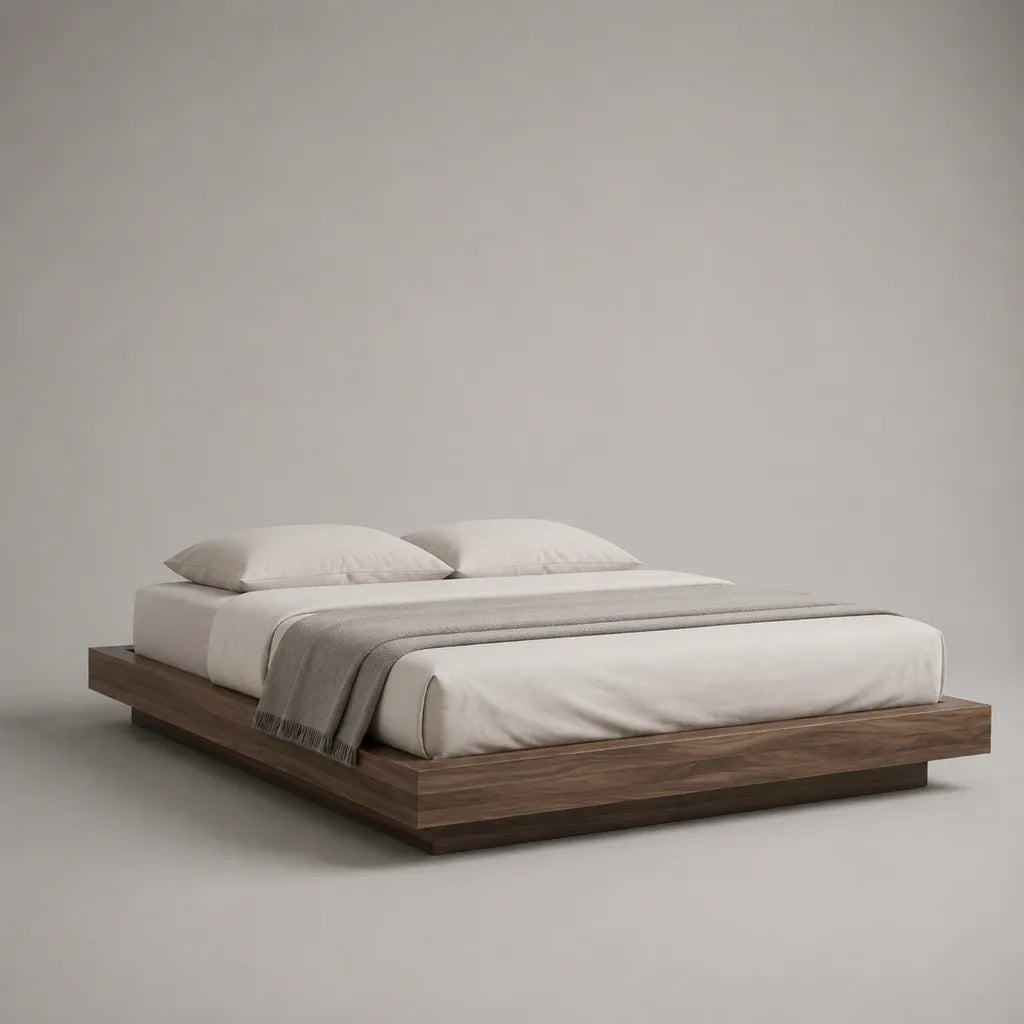Plattformbett aus Holz, Liegefläche 160 × 200 cm, Gesamtmaß 220 × 180 × 28 cm, Walnussbraun, ohne Kopfteil