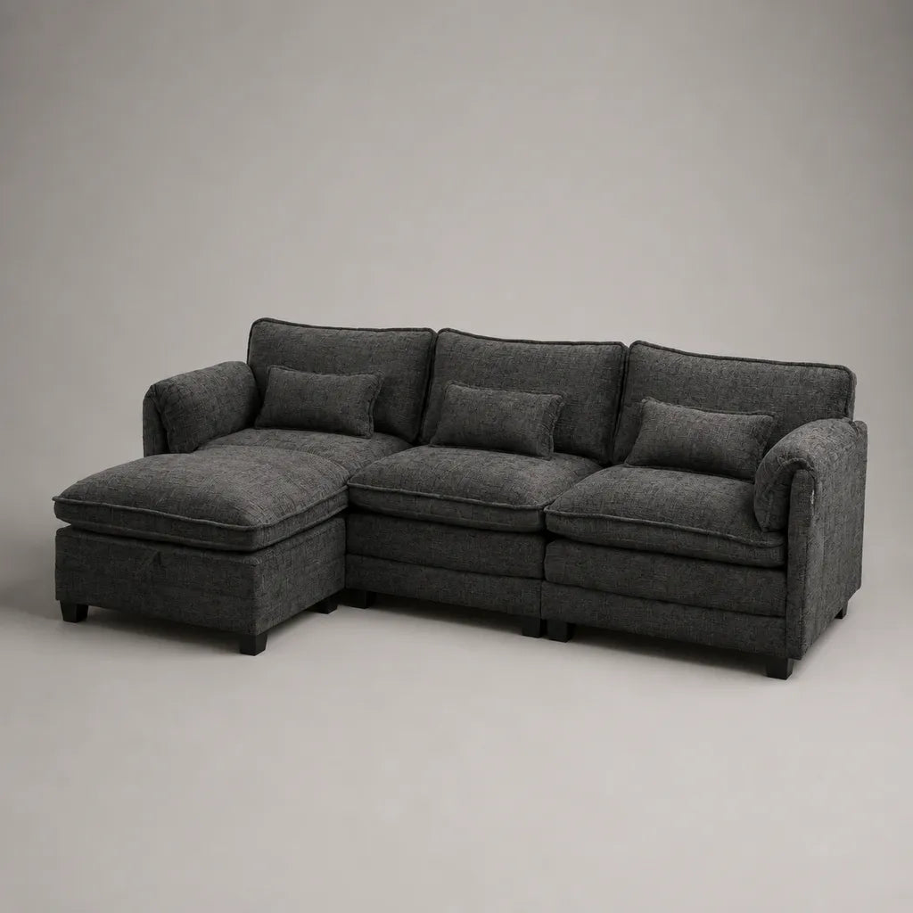 Ecksofa mit Ottomane links, 3-Sitzer in L-Form, Stoffbezug Anthrazit/Schwarz, 250 × 160 × 90 cm