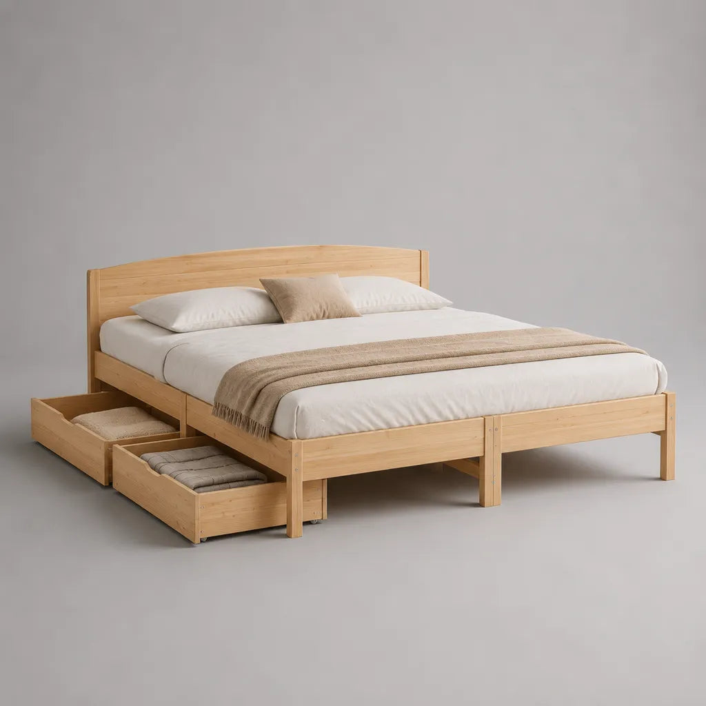 Doppelbett aus Massivkiefer mit 2 Schubladen, Natur, Liegefläche 180 × 200 cm