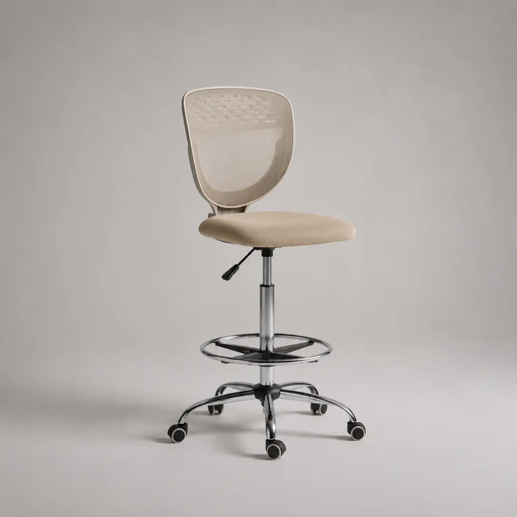 Bürostuhl Drehstuhl höhenverstellbar mit Netzrücken, Fußring und Stahlgestell, Beige, 60 × 60 × 98–118 cm