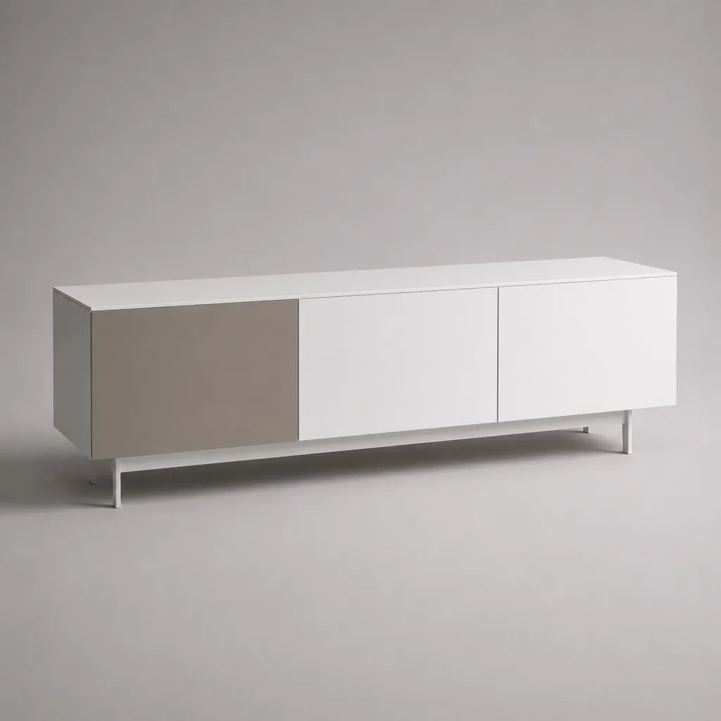TV-Lowboard mit 3 Türen aus melaminbeschichteter Spanplatte, Weiß/Silber, 180 × 40 × 60 cm