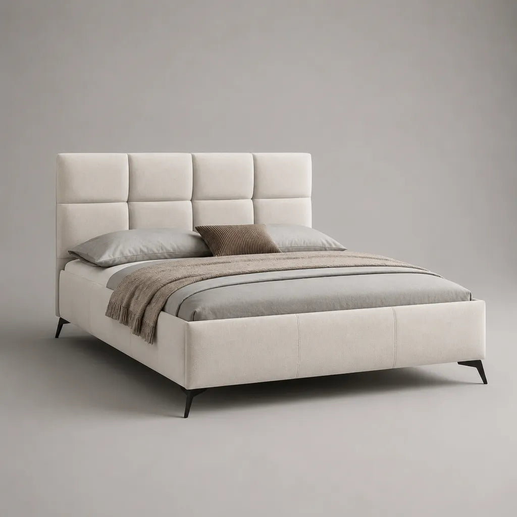 Polsterbett Doppelbett mit gepolstertem Kopfteil, Polyester, Cremeweiß/Schwarz, Liegefläche 180 x 200 cm