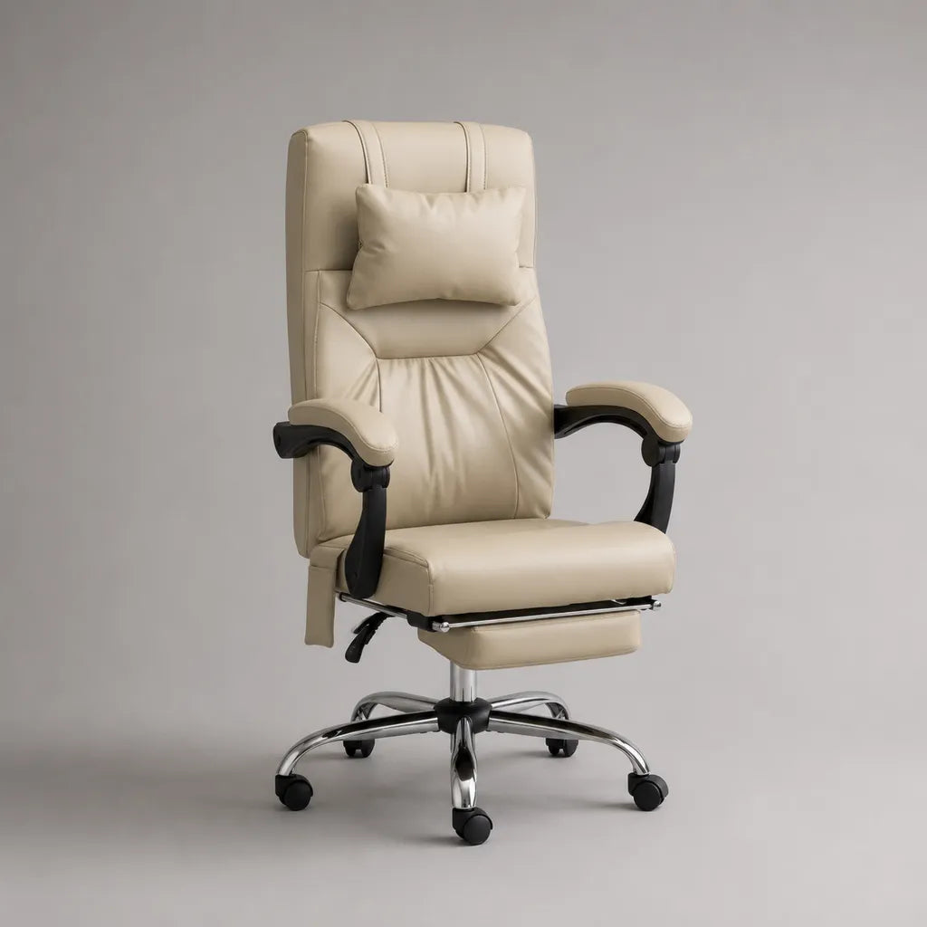 Bürostuhl Chefsessel aus PU-Kunstleder mit ausziehbarer Fußstütze, höhenverstellbar, Beige, 68 × 72 × 115–125 cm
