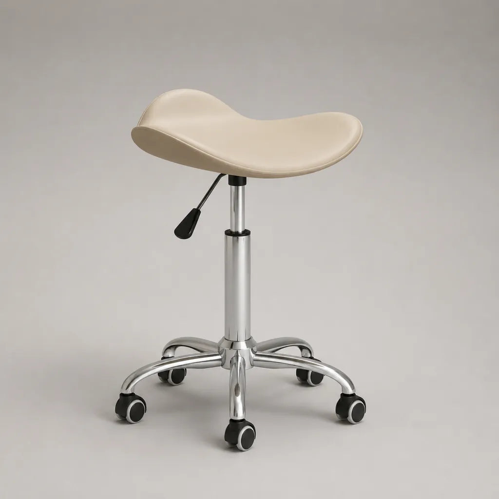 Höhenverstellbarer Bürohocker mit PU-Kunstleder-Sattelsitz und 5 Rollen, Beige, 48 × 48 × 45–57 cm
