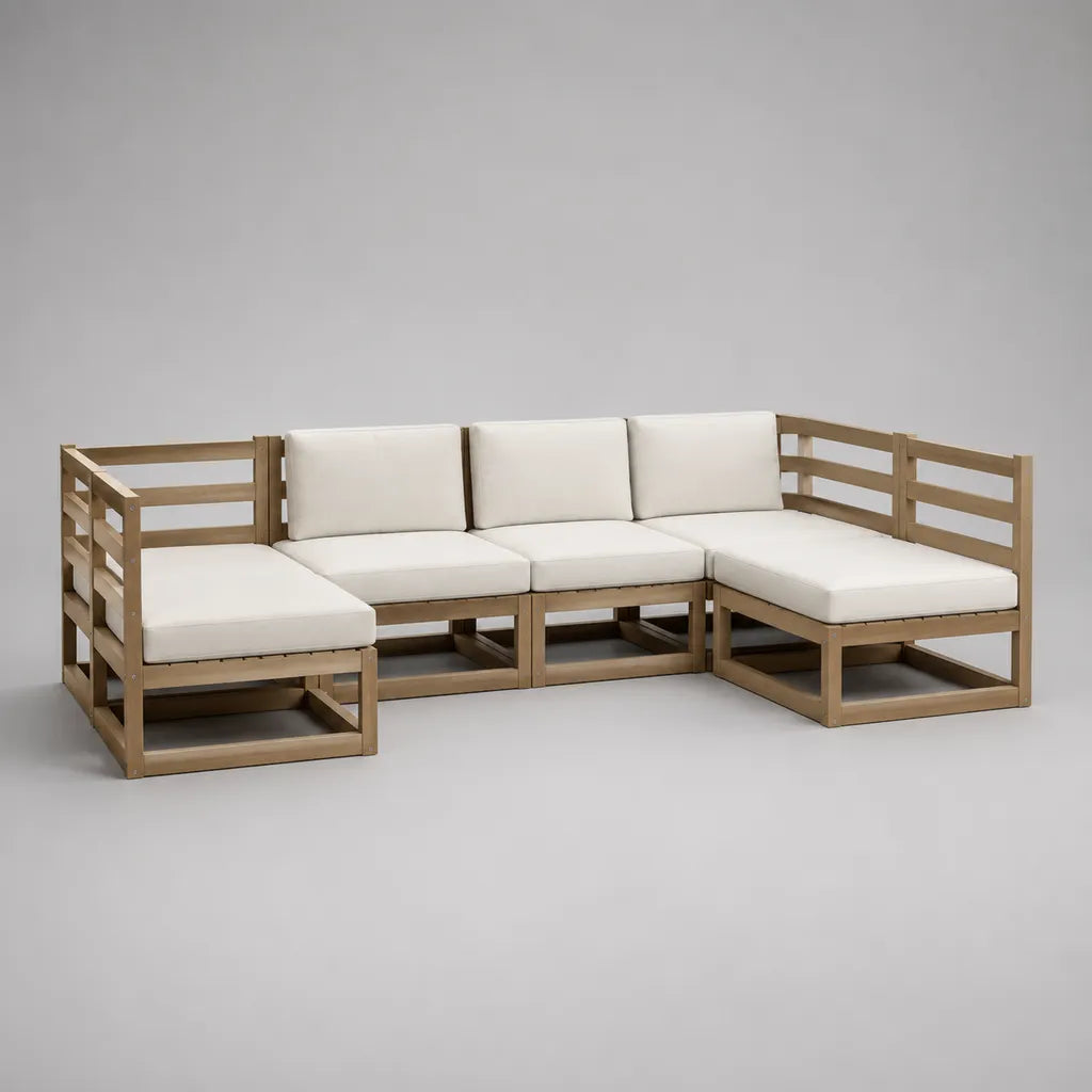 Modulares Gartensofa-Set 5-teilig aus Akazien-Massivholz mit Auflagen, U-Form, Braun und Cremeweiß, 215 × 145 × 70 cm