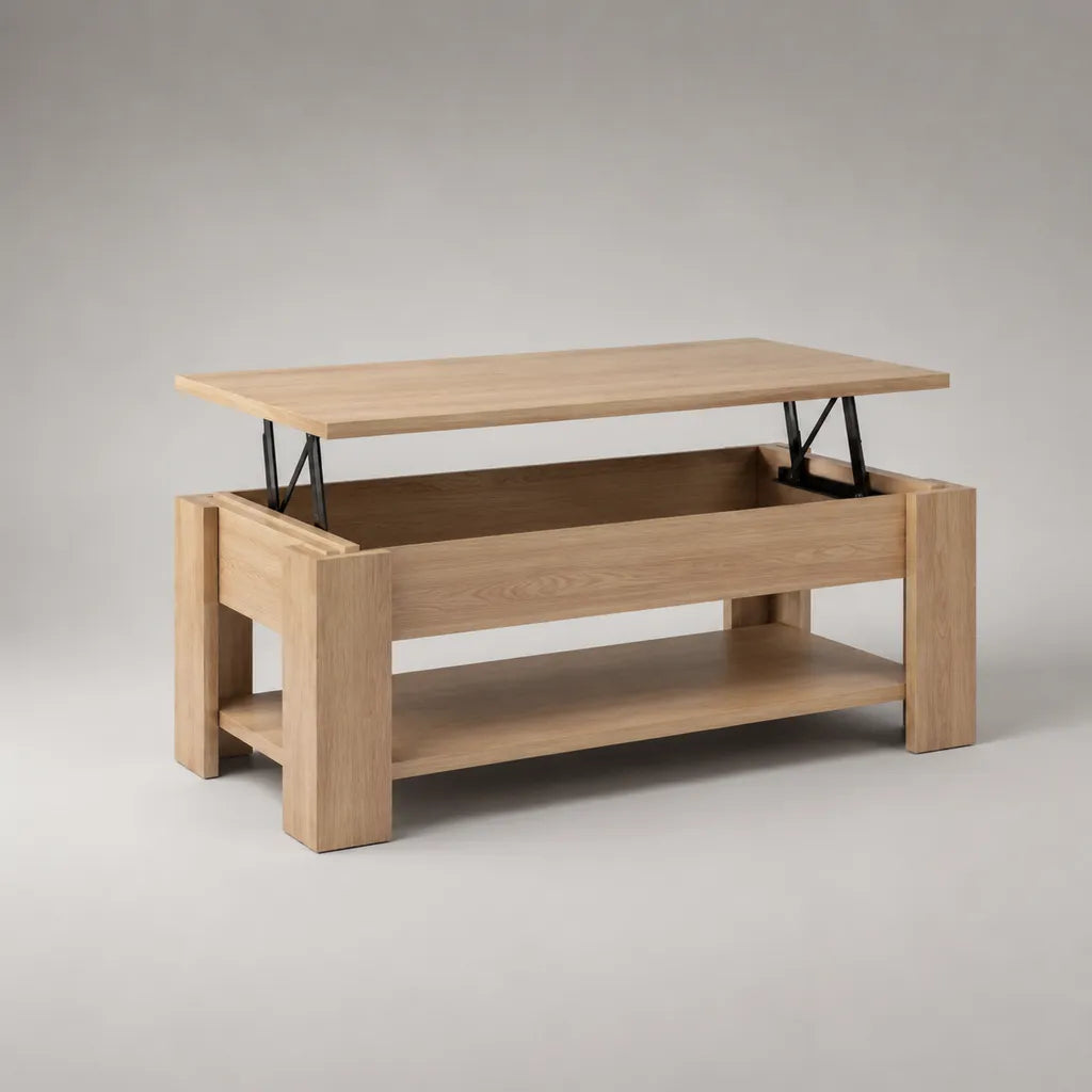 Rechteckiger Couchtisch mit Liftfunktion aus Spanplatte und Stahl, Eiche-Dekor Natur/Schwarz, 100 × 50 × 45–58 cm
