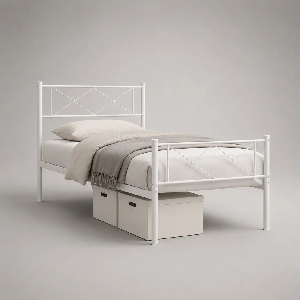 Metallbett, Bettgestell aus pulverbeschichtetem Stahl, Weiß, Liegefläche 90 × 200 cm