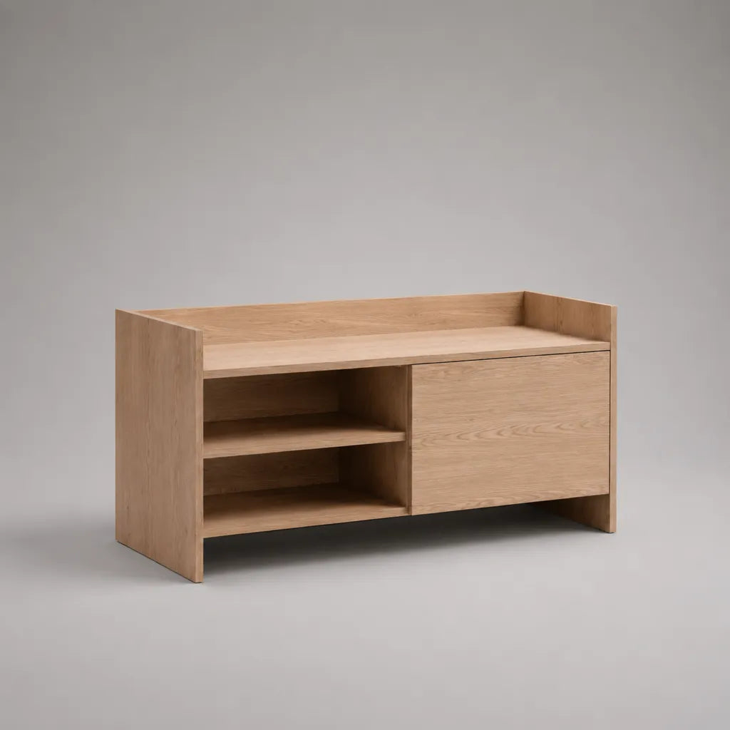 TV-Lowboard aus MDF mit Eichenfurnier, 2 offene Fächer und geschlossenem Stauraum, Eiche Natur, 120 × 40 × 70 cm