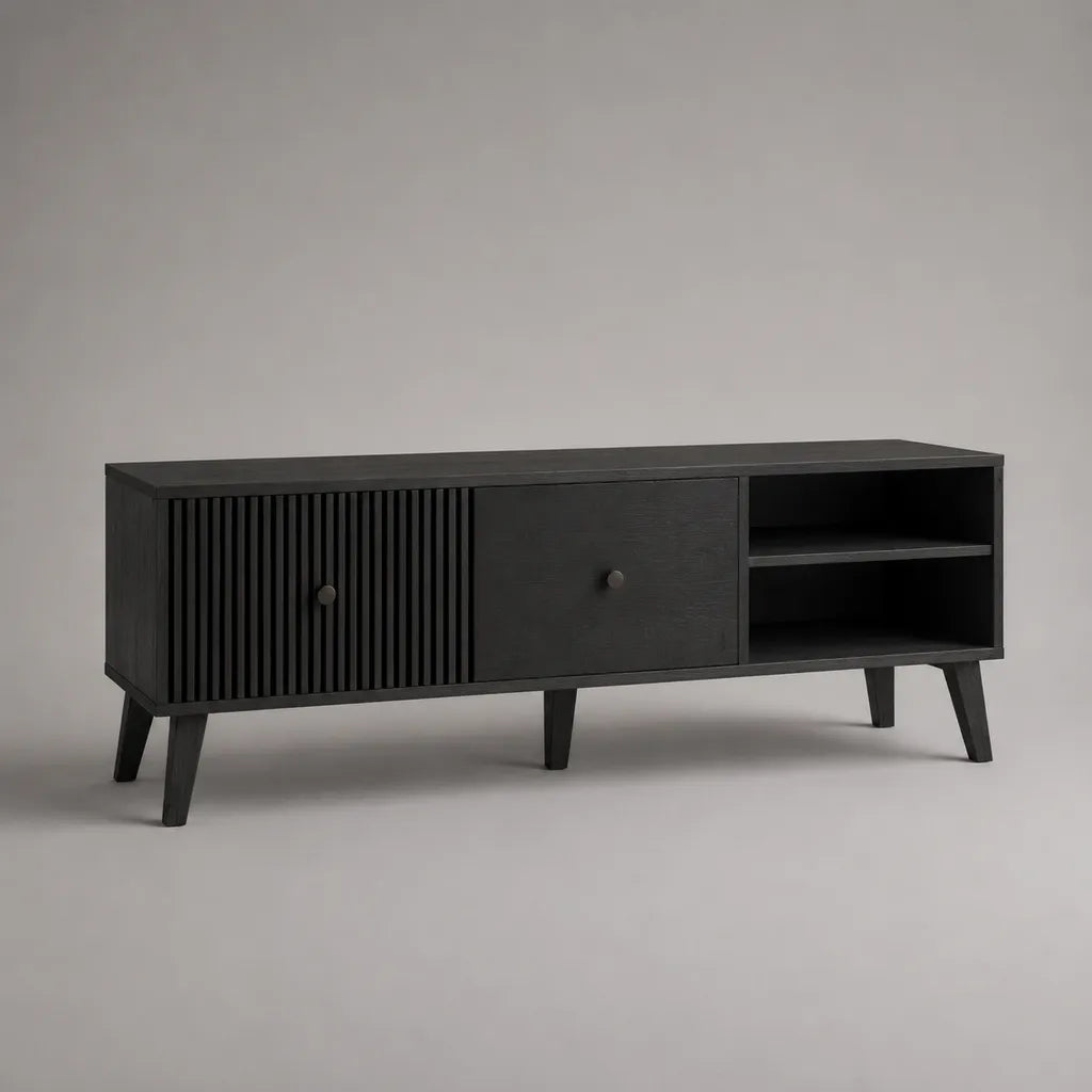 TV-Lowboard aus MDF mit 2 Türen und 2 offenen Fächern, Schwarz, 140 x 40 x 55 cm