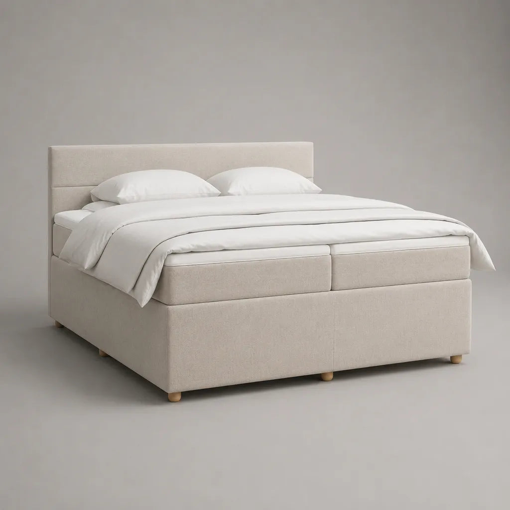 Boxspringbett 180 × 200 cm mit Topper, Bonellfederkern und gepolstertem Stoff-Kopfteil, Beige