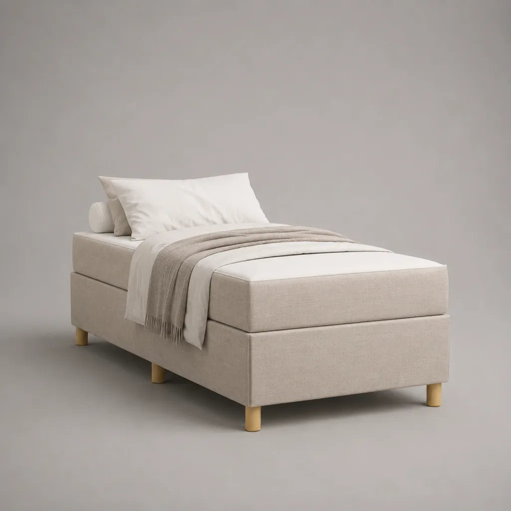 Boxspringbett 2-teilig ohne Kopfteil, 90 x 200 cm, mit Matratze und Polyesterbezug, Beige