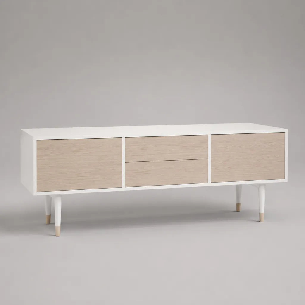 TV-Lowboard aus melaminbeschichteter Spanplatte mit 2 Türen und 2 Schubladen, Weiß/Eiche hell, 160 × 40 × 60 cm