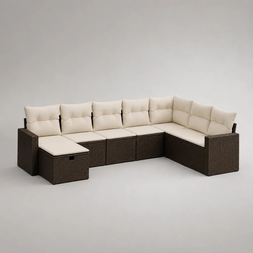 8-teiliges Gartensofa aus PE-Rattan mit Stahlgestell und Kissen, L-förmige Ecklounge, Dunkelbraun und Creme, 310 × 190 × 72 cm