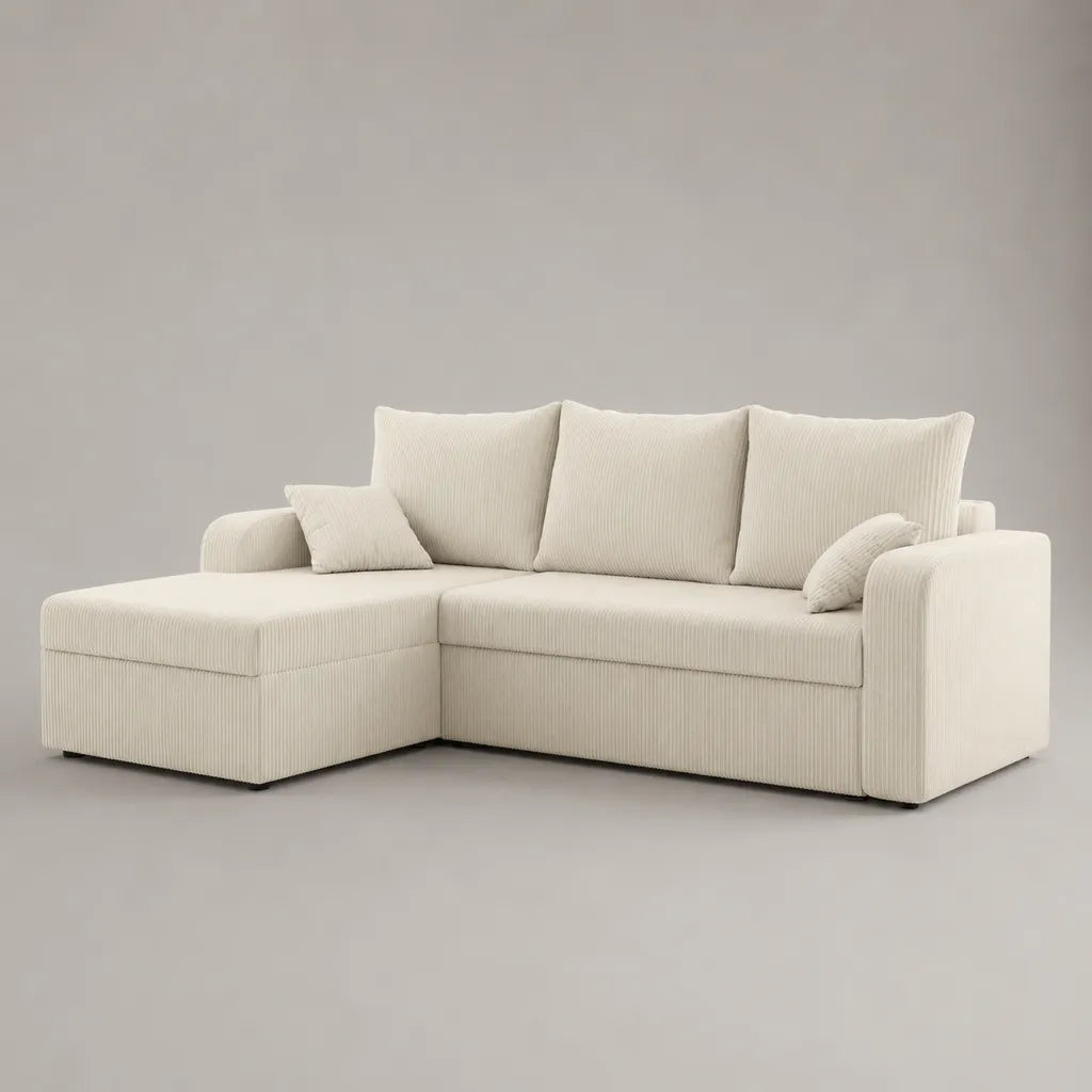 Ecksofa in L-Form mit Ottomane links, 4-Sitzer aus Cord, Creme, 250 × 160 × 90 cm