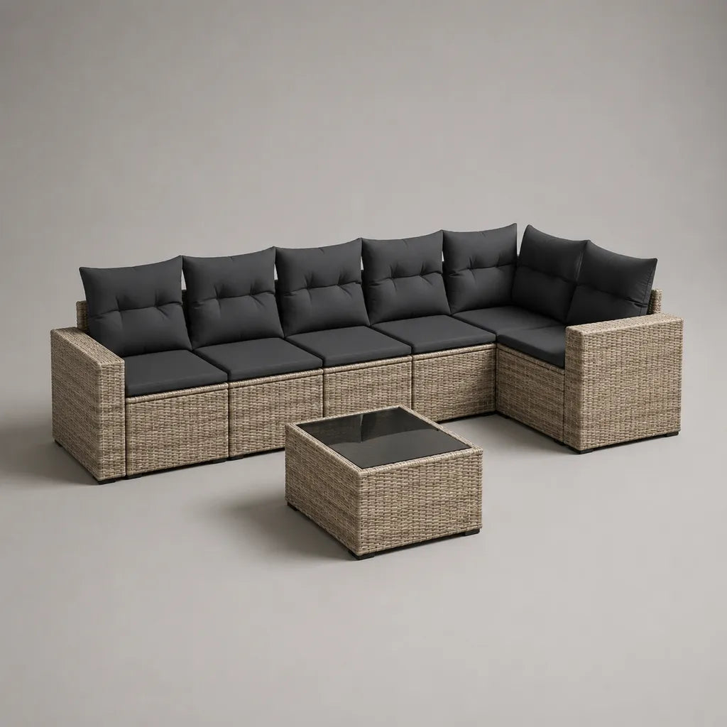 6-teiliges Garten-Loungeset, 5-Sitzer in L-Form aus PE-Rattan, Stahl und Glas, Beige/Anthrazit/Dunkelgrau, 260 × 190 × 80 cm