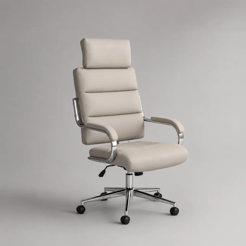 Bürostuhl Chefsessel aus PU-Kunstleder mit hoher Rückenlehne, Kopfstütze, Armlehnen und Rollen, höhenverstellbar, Beige, 64 × 68 × 116–126 cm