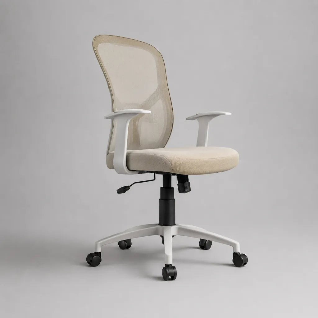 Bürostuhl mit hoher Netzrückenlehne, Armlehnen und Rollen, höhenverstellbarer Drehstuhl aus Polyester und PP, Weiß/Beige/Schwarz, 64 × 64 × 100–110 cm