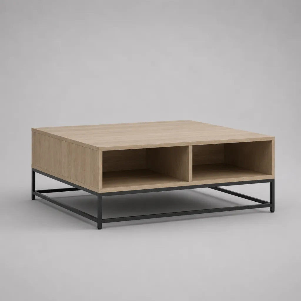 Rechteckiger Couchtisch mit 2 offenen Fächern, Spanplatte in Eichenoptik und Stahlgestell, Natur/Schwarz, 100 × 60 × 40 cm