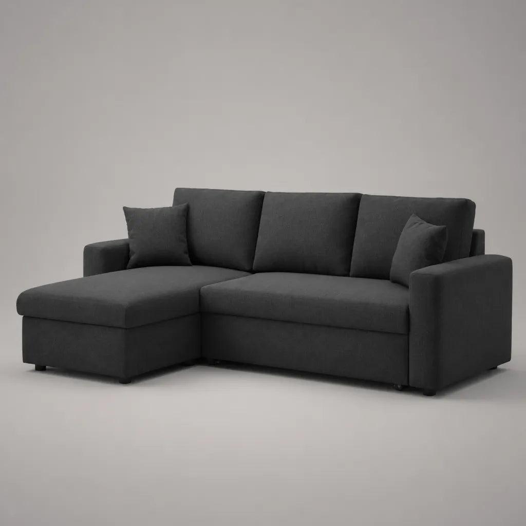 Ecksofa mit Longchair links, 3-Sitzer mit Polyesterbezug und PU-Schaumstoffpolsterung, L-Form, Anthrazit, 220 × 145 × 85 cm