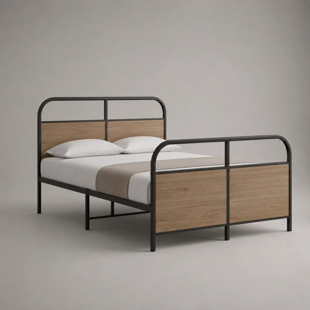 Doppelbett Metallbett mit MDF-Paneelen, Schwarz/Natur, Liegefläche 140 × 200 cm, Gesamtmaß ca. 146 × 207 cm