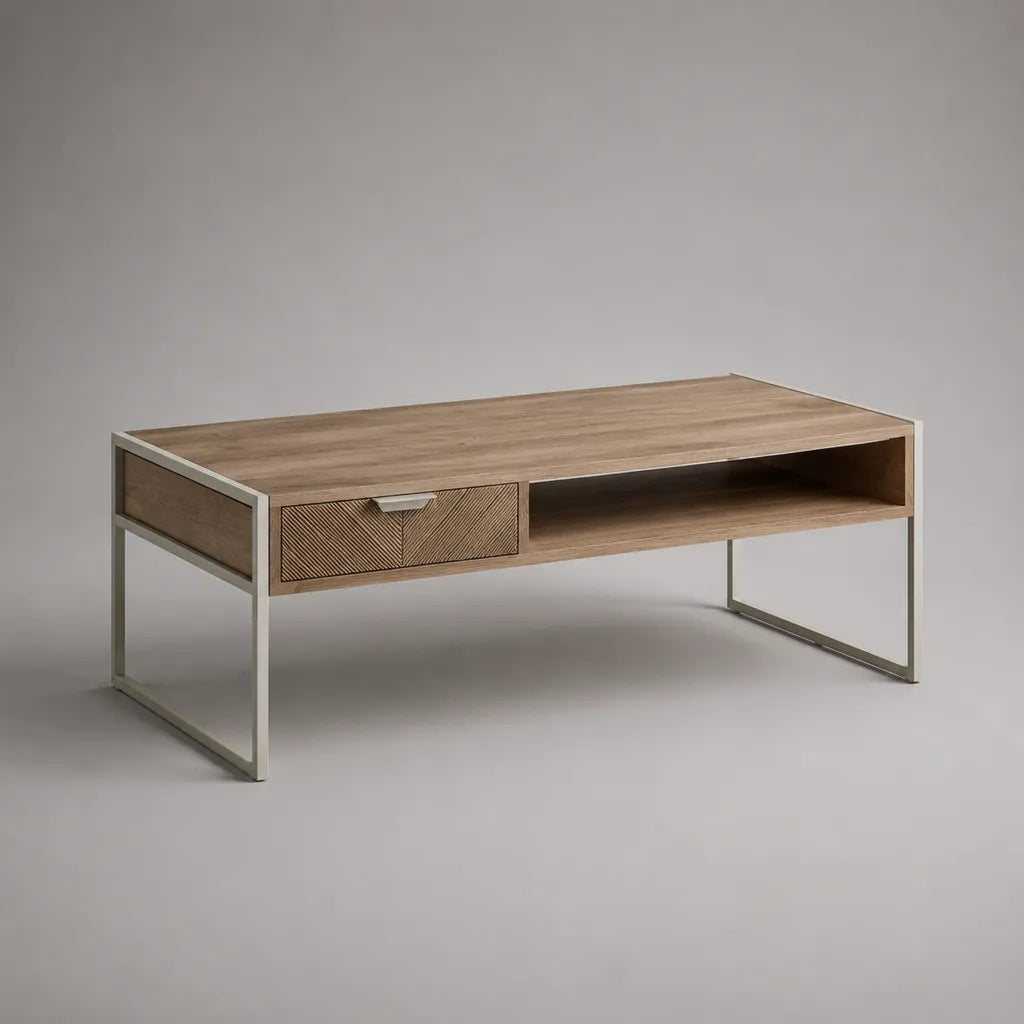 Rechteckiger Couchtisch mit Schublade und Ablage, MDF mit Eichenfurnier und Stahl, Braun/Silber, 110 × 60 × 45 cm